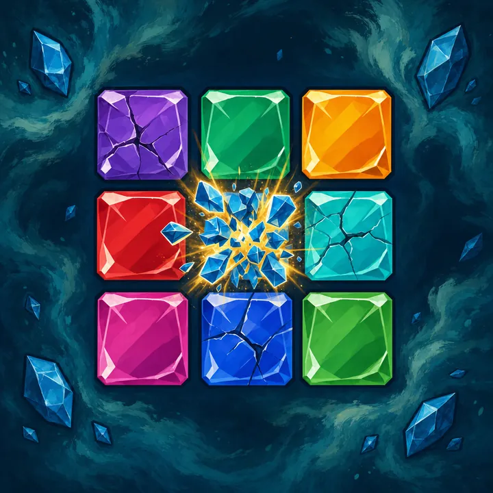 Card of colorful gems, the middle one bursting into golden sparks