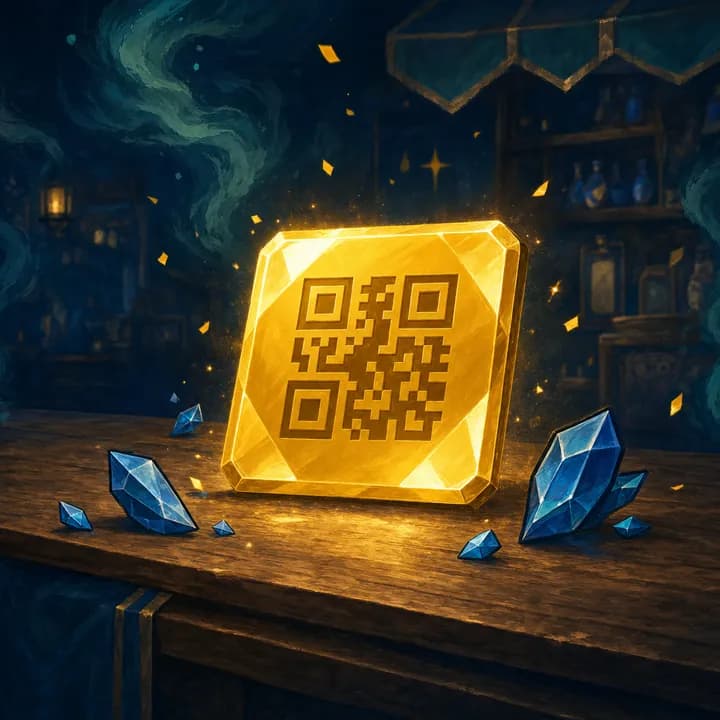Golden discount voucher with a QR code on a store counter